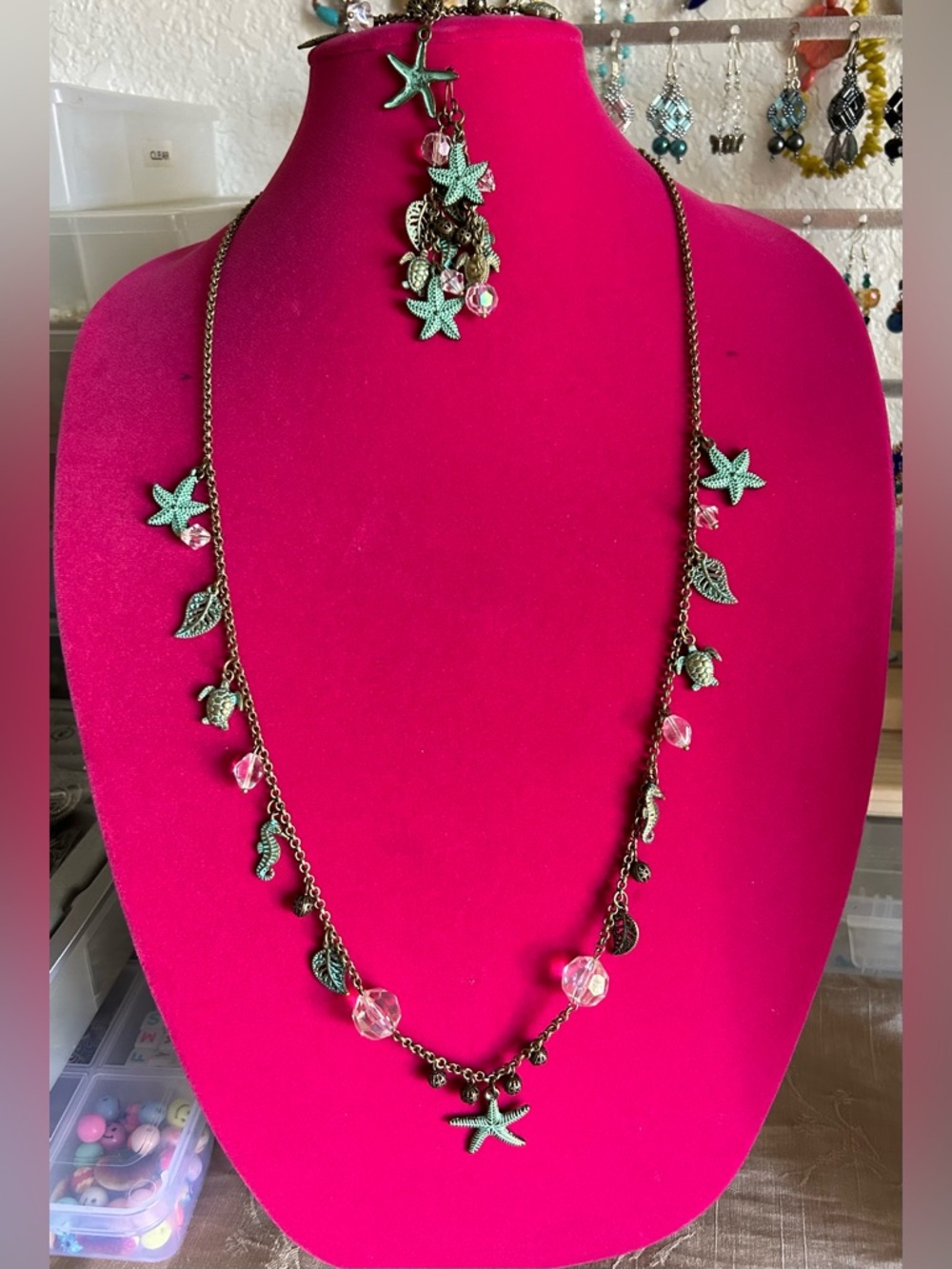 Green and White Set Necklace  Earrings and bracelet national with Starfish Charm